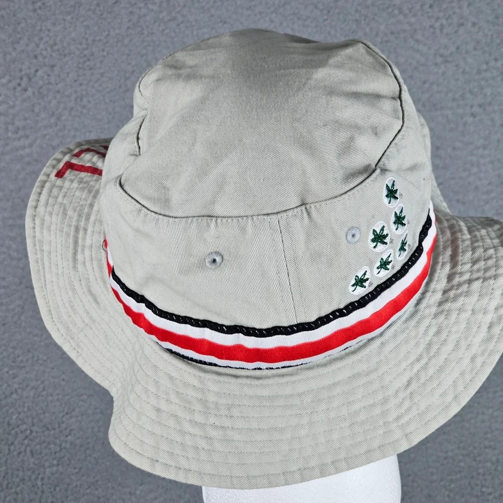 OSU Bucket Hat Mens OSFM Tan Ohio State Football Buckeye Leaves Striped Ribbon